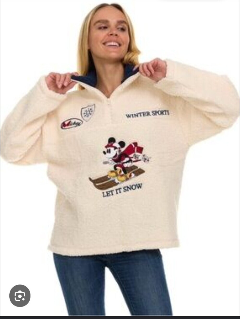 Disney Mickey Mouse Winter Sports Sherpa Sweater Pullover Women's XXL Ivory